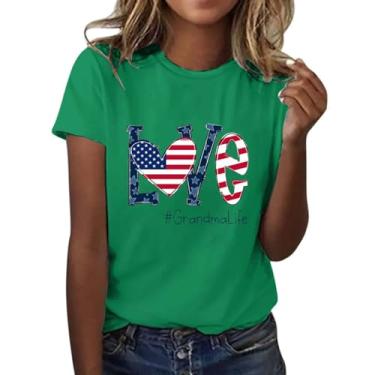 Imagem de Camiseta feminina Dia da Independência 4 de julho, estampa da bandeira dos EUA, manga curta, túnica casual de verão, Verde, 3G