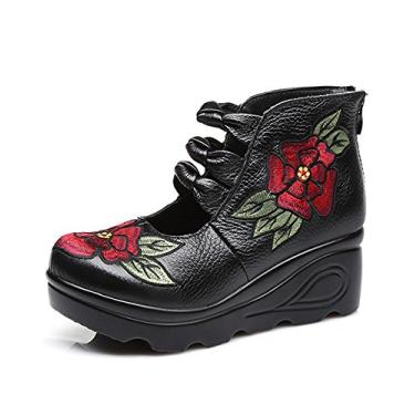 Imagem de Sapato feminino de couro clássico, bico redondo, plataforma, salto anabela Mary Jane, Estilo 2 preto, 8.5