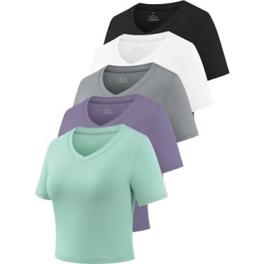 Imagem de Cosy Pyro Camisetas femininas cropped de manga curta e modelagem seca com gola V para ioga, Preto/Branco/Cinza/Roxo/Azure, P