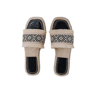 Imagem de yilibllii Sandálias femininas trançadas com bico aberto, sandálias de tecido deslizante, sandálias femininas planas, Preto, 34