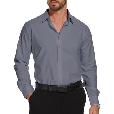 Imagem de YAMANMAN Camisa social masculina – manga longa sem rugas stretch abotoada ajuste regular, Cinza, PP
