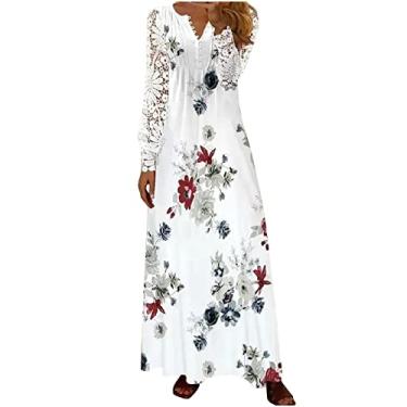 Imagem de Vestidos femininos de renda longa manga bufante vestidos florais para mulheres decote em V plissado maxi vestidos longos de verão 2024, P-282 azul-marinho, GG