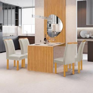 Imagem de Conjunto Mesa Bella Ripada 120cm com Painel Espelhado Tampo Bella com Vidro 4 Cadeiras Arizona Cinamomo/Off White/Veludo Bege Claro