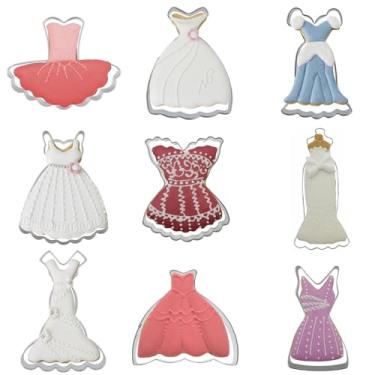 Imagem de Conjunto de 9 peças de cortadores de biscoito de aço inoxidável, conjunto de moldes de cortador de biscoito, vestido em forma de saia, desenho de desenho de desenho de bolo, bolo, bolo, bolo, molde, utensílio de cozinha para assar "Faça você mesmo"