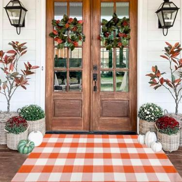 Imagem de WAYYE Buffalo Tapete xadrez para área externa, capachos laváveis para ambientes internos e externos para tapetes de porta da frente em camadas, varanda, entrada, cozinha, fazenda (xadrez laranja e