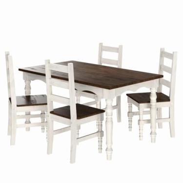 Imagem de PENSE DENTRO DA CAIXA Conjunto de Mesa e 4 Cadeiras Torneadas em Madeira Maciça - Mesa de Jantar em Estilo Provençal - Móveis Rústicos Farmhouse - Branco Envelhecido