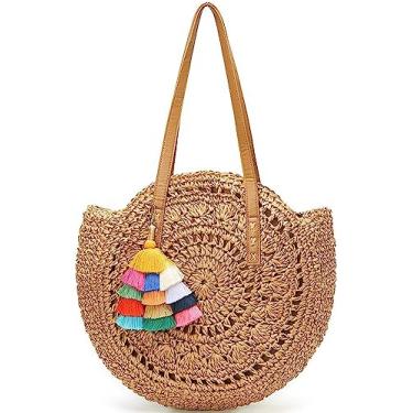 Imagem de Bolsa de palha redonda de palha de verão grande bolsa de praia para mulheres bolsas de mão com pompons, Camelo