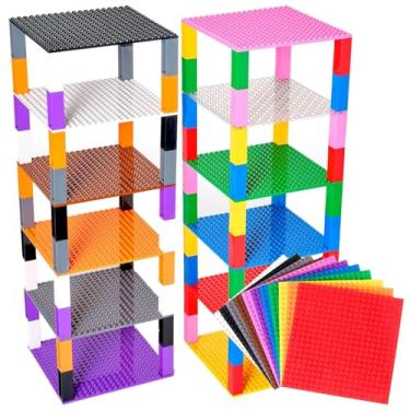 Imagem de Strictly Briks Lego Compatible Classic Stackable Baseplates, Building Bricks for Towers, Shelves, and More, Rainbow Colors, 12 Base Plates & 80 Stackers, 6x6 Inches