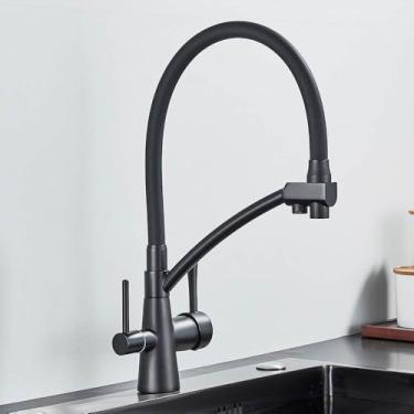 Imagem de Torneira de pia de cozinha, torneira, filtro de água pura, misturador, guindaste, alças duplas, purificação, torneira de cozinha quente e fria, preto fosco A