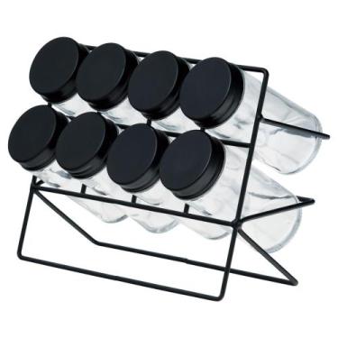 Imagem de Conjunto de 8 potes de vidro com tampa e suporte em inox preto - Lyor