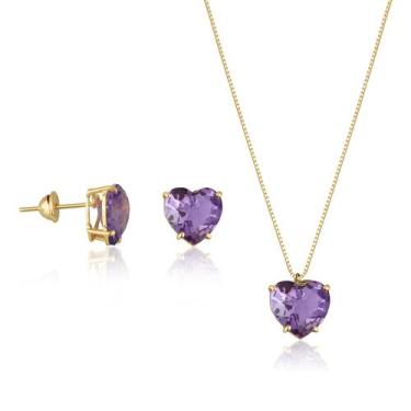 Imagem de Conjunto Feminino Em Ouro 18k Brincos e Gargantilha Coração Ametista -