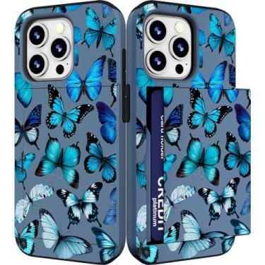 Imagem de IWONE Capa compatível com iPhone 15 Promax fofa com porta-cartões Slim Slot Phone 15 Pro Max capa carteira para mulheres/borboletas azuis animais brilhantes lindo ornamento tema