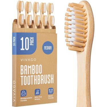 Imagem de VIVAGO Escovas de dentes de bambu com cerdas médias, pacote com 10 - escovas de dentes de cerdas médias sem BPA para adultos - Ecológica, escova de dentes de madeira natural