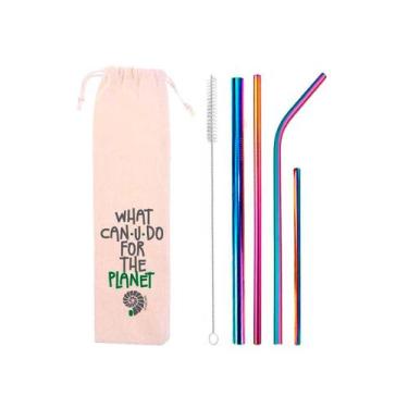 Imagem de Kit 6 em 1: 4 canudos de inox (shake 12mm) + Escova + Ecobag What - CA