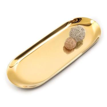 Imagem de Yvttve Bandeja decorativa dourada, pequena bandeja de banheiro com bugiganga para cômod...
