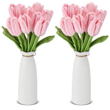 Imagem de Shihanee 10 buquê de flores de crochê de tulipa feito à mão para decoração de flores de tulipa de 34,8 cm para decoração floral artificial de 34,8 cm para vasos de casa centros de mesa de casamento