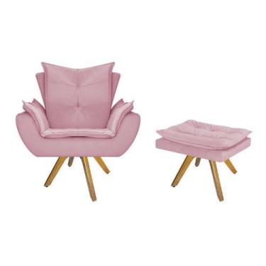 Imagem de kit Poltrona e Puff Fenzzi Base Giratória de Madeira Suede Rosa Bebê -