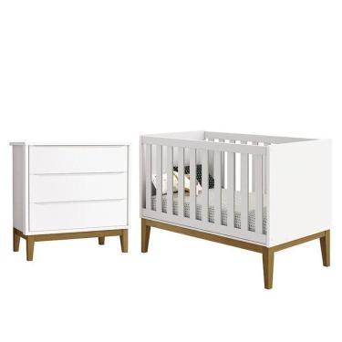 Imagem de Jogo De Quarto Infantil Cômoda 3 Gavetas E Berço Classic Branco Fosco Com Pés Amadeirado Reller Móveis Branco Fosco