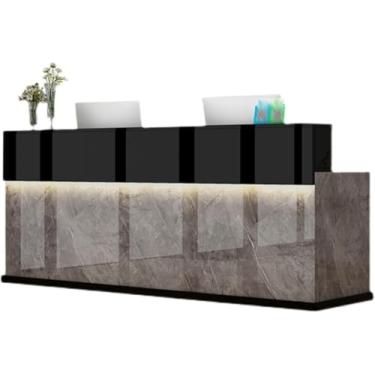 Imagem de Mesa de recepção com balcão, recepção grande na frente, balcão de recepção de escritório com gavetas bloqueáveis, mesa de balcão de caixa de varejo em pé, textura cinza, 140 x 59 x 99 cm