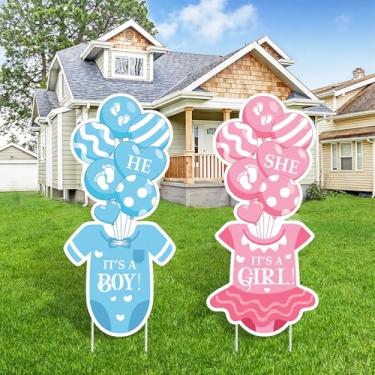 Imagem de Yoirrat 2 Conjuntos de Placas de Plástico para Chá de Bebê com Estacas, Decoração Externa para Revelação Do Sexo, Azul, Rosa, Placa de Quintal para Menino Ou Menina, Terno para Bebê, Placa de Gramado