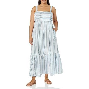 Imagem de London Times Vestido longo feminino de algodão franzido nas costas Babydoll em camadas, Listrado - cambraia/branco, 46