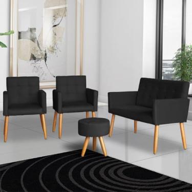 Imagem de Kit Poltrona para Recepção Sala de Espera Namoradeira 2 Poltronas Decorativas e Puff (PRETO)