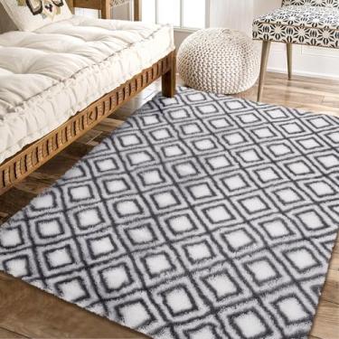 Imagem de COZYLOOM Tapete de área de 15 x 23 cm, luxuoso, grosso, felpudo, para sala de estar, tapete felpudo ultramacio de luxo para quarto, quarto de crianças, sala de jantar, entrada, branco/cinza
