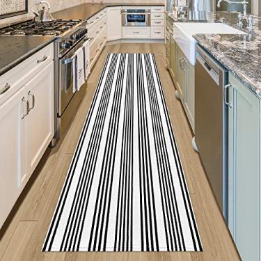 Imagem de Aoczes Tapete de corredor 9,5 x 3,5 m, preto e branco, listrado de algodão, para casa de fazenda, interior, exterior, tapete para cozinha, lavanderia, quarto, sala de estar, entrada