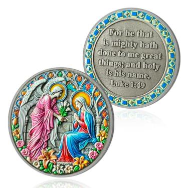 Imagem de Moeda de Desafio Cristão Anjo e Virgem Jesus Moeda da Bíblia Lucas 1:49 Jesus Deus Token de Oração Cristã Arte Bolso Versículos da Bíblia Jesus Presentes Religiosos para Homens Mulheres