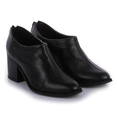 Imagem de Gatza Bota feminina de salto bloco | Bota de cano curto de couro preto elegante com salto elegante de 7 cm, Preto, 37