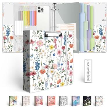 Imagem de Fichário de 3 anéis de 5 cm para papel de 21,6 cm x 28 cm, três fichários com prancheta, 5 divisórias com abas e bolsos, pasta de plástico, 18 divisores stikers, fichário fofo com suporte para caneta,