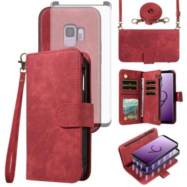 Imagem de Asuwish Capa de celular para Samsung Galaxy S9 carteira com zíper destacável capa magnética com protetor de tela de vidro temperado alça transversal alça flip compartimento para cartão S 9 Edge 9S GS9