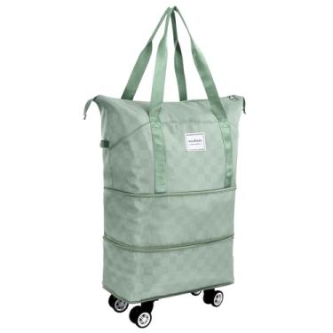 Imagem de WOOMADA Bolsa esportiva de viagem dobrável com compartimento para sapatos, bolsa noturna com bolso molhado e manga de carrinho para mulheres, Tabuleiro xadrez verde menta, 14.5 x 8.6 x 12.5 inches,