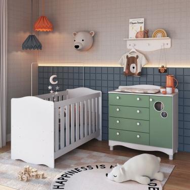 Imagem de Conjunto Quarto de Bebê 1 Berço 1 Cômoda 4 Gavetas Trocador 1 Prateleira Branco/Verde