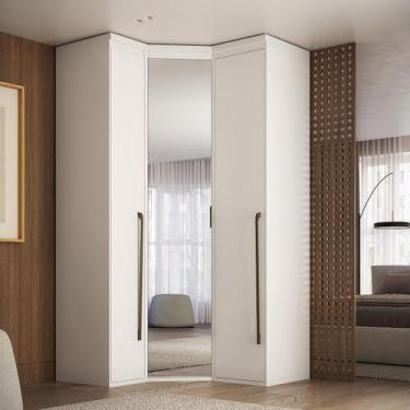 Imagem de Guarda Roupa de Canto Obliquo Espelho 3 Portas MDF Lotus Belmax, Branc