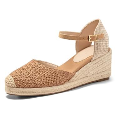 Imagem de Coutgo Sandálias femininas plataforma plataforma, alpargatas, ráfia, bico fechado, salto e fivela no tornozelo, sapatos de praia de verão, Marrom, 41