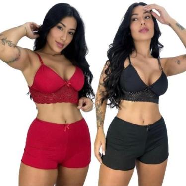 Imagem de Kit 2 Short Doll Feminino Para Dormir Cropeed Short Renda Confortável 