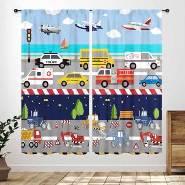 Imagem de Cortinas de carro de desenho animado para quarto de meninos, trator de construção, veículos de transporte, mapas de trânsito da cidade, cortinas de janela estampadas, tratamentos para meninos e