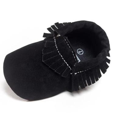 Imagem de CENCIRILY Mocassim infantil com franjas, mocassim para meninos e meninas, com borla, couro de camurça, sola macia, mocassim para primeira caminhada, sapatos de berço, A02 Preto, 6-12 Meses