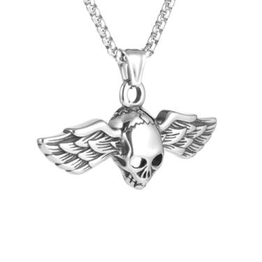 Imagem de Colar masculino gótico punk hip-hop rock asas de anjo crânio, material de aço inoxidável 316L, corrente de pérola quadrada de aço inoxidável prata, joia vintage, Standard, Aço inoxidável, Sem Pedra