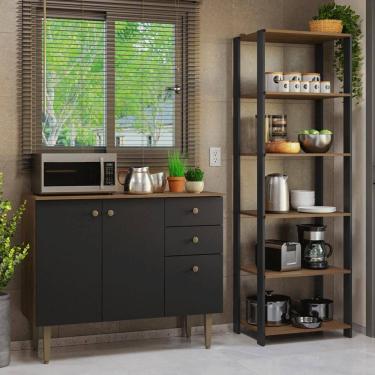 Imagem de Kit Cozinha Balcão Gabinete 3 Portas 2 Gavetas e Armário Cozinha Despensa 5 Prateleiras Preto/Rustic