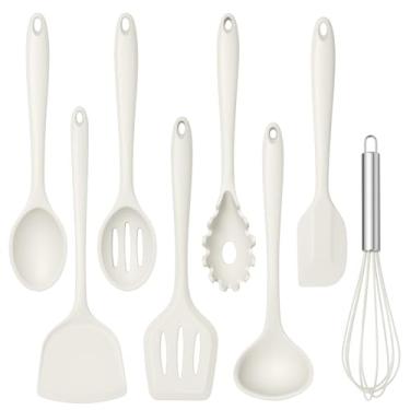 Imagem de TeamFar Conjunto de 8 utensílios de cozinha de silicone resistente ao calor, espátula, colher, batedor, utensílios de cozinha para panelas antiaderentes, lavável na lava-louças, branco