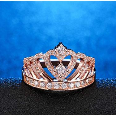 Imagem de LVSHI CZ Crown Anel de noivado feminino de aço titânio ouro rosa coroa safira anel de noivado para mulheres menina eternidade anel de compromisso em forma de coração zircão joia tamanho 5-10 (EUA 7)