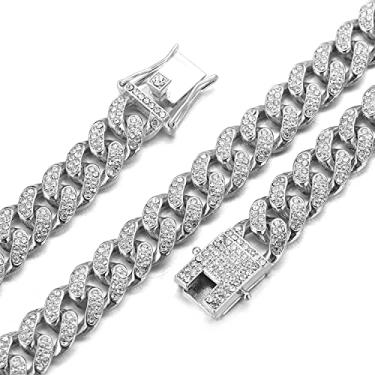 Imagem de Richhut Corrente de ouro para homens ● Cachorro grande● Corrente de elos cubanos de 14 mm de largura em tom de prata gelado de ouro branco real banhado a platina colar monofone diamantes presente para namorado marido, 18"(45cm), Metal, Diamantes estimulados em laboratório,