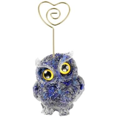 Imagem de rockcloud Porta-cartões de mesa de coruja de cristal de lápis-lazúli natural em forma de coração com animais fofos em resina para decoração de casamento, casa, escritório