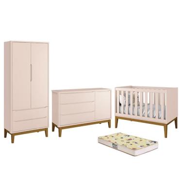 Imagem de Dormitório Infantil Classic 2 Portas, Cômoda 1 Porta, Berço com Pés Amadeirado e Colchão D18 - Reller Móveis Rosa Fosco