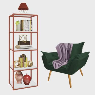 Imagem de Kit Poltrona Fatte com Manta Soft Lilás e Estante Livreiro Ferro Bronze mdf Branco Suede Verde Musgo - Ahz Móveis