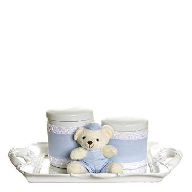 Imagem de Potinho de Mel Kit Bandeja Espelho Com 2 Potes E Ursinho De Boné Quarto Bebê Menino Azul
