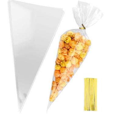 Imagem de 18 x 38 cm em forma de cone, 100 peças, sacos de guloseimas de celofane transparente, cone de plástico, em forma de cenoura, com laços para formatura, doces, pipocas, biscoitos, lembrancinhas de festa