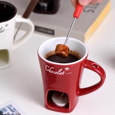 Imagem de Caneca de Fondue de Chocolate Com Garfo, Xícara de Derretimento de Chocolate Em Cerâmica, Panela de Fondue para Chocolate, Queijo, Doces, Mini Xícaras de Fondue de Chocolate (Vermelho)